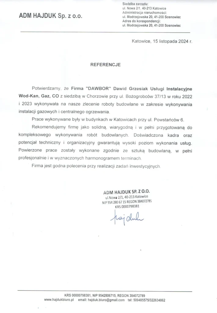 Opinia o Firmie Dawbor WodKan Gaz Co Dawid Grzesiak